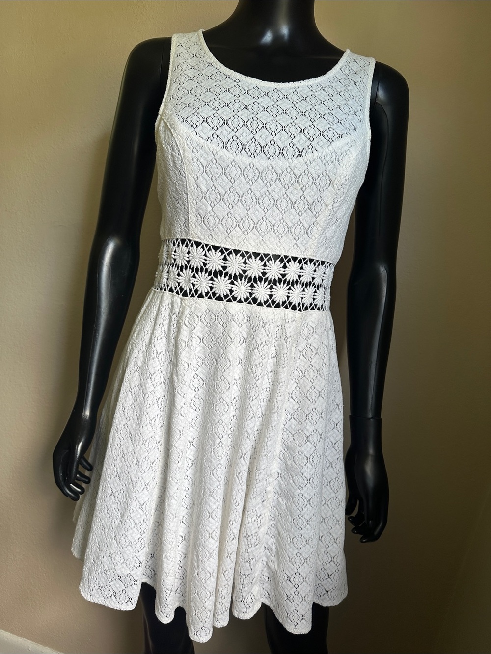 Free People Cream Crochet Lace Floral Fit and Flare Mini Dress
